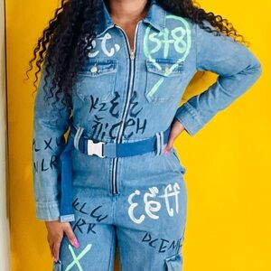 Brand New J.Bolin Denim Jumpsuit with Graffiti Design